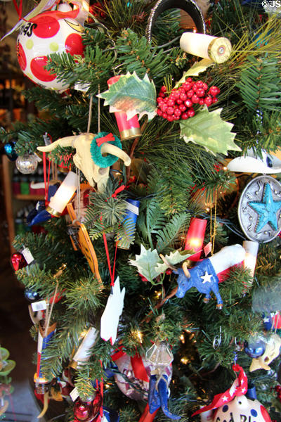 Texas-themed Christmas ornaments in Fort Worth Stock Yards historic district. Fort Worth, TX.
