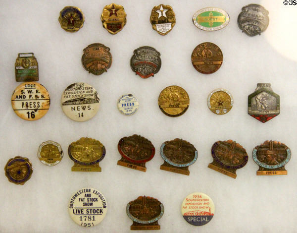 Southwestern Exposition live stock show badges (1934-56) at Stockyards Museum. Fort Worth, TX.