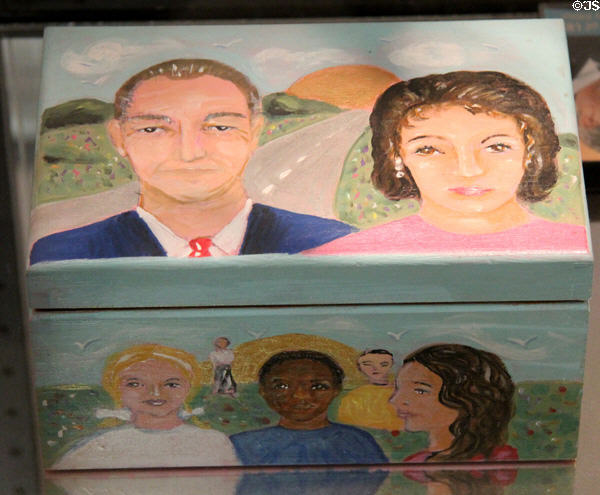 Hand painted wooden box (2009) with cover depicting LBJ and Lady Bird Johnson to commemorate Juneteenth and celebrate the legacy of African Americans by Veronique Zehnder Hahn at LBJ Museum. San Marcos, TX.