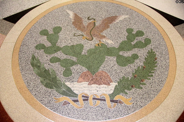 Mexican flag shield on floor under dome at Texas State Capitol. Austin, TX.