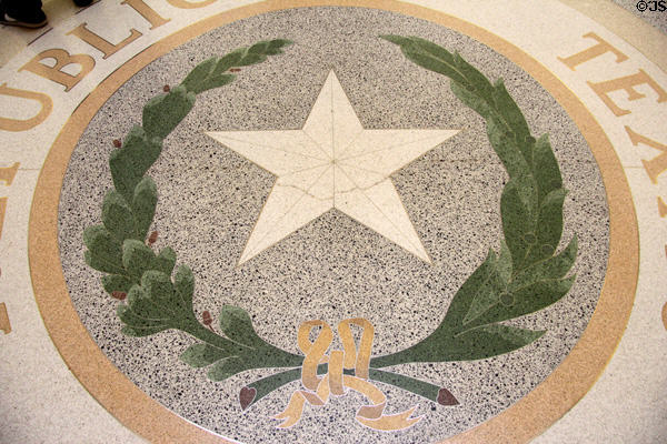 Republic of Texas flag shield on floor under dome at Texas State Capitol. Austin, TX.