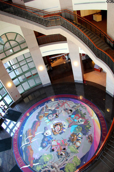 Story of Texas terrazzo floor mosaic (2000) by Robert T. Ritter in atrium of Bullock Texas State History Museum. Austin, TX.