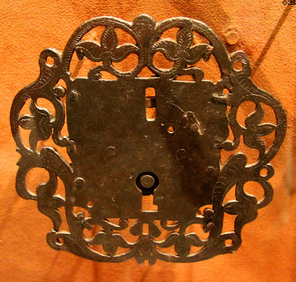 Lock plate made in Mexico City (c1750-1800) (New Mexico History Museum) at Bullock Texas State History Museum. Austin, TX.