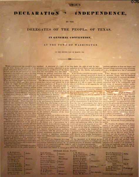 Texas Declaration of Independence document (Mar. 2, 1836) at Bullock Texas State History Museum. Austin, TX.