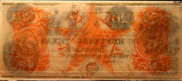 Republic of Texas $20 red back bill at Bullock Texas State History Museum. Austin, TX.