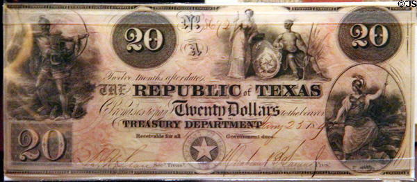 Republic of Texas sales scrip (Dec. 20, 1836) sold of public land to pay debts of Revolution at Bullock Texas State History Museum. Austin, TX.