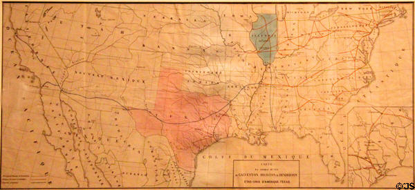 Galveston, Houston & Henderson Railroad map (c1857) intended to entice French investors (lent: TX General Land Office) at Bullock Texas State History Museum. Austin, TX.