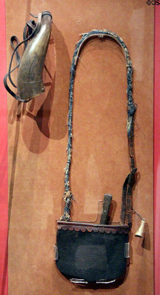 Powder horn & possibles bag (c1840s) used by rangers hired by Stephen F. Austen to punish Natives at Bullock Texas State History Museum. Austin, TX.