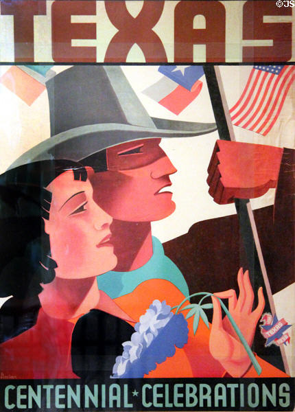 Man & woman on Texas Centennial Exposition poster (1936) at Bullock Texas State History Museum. Austin, TX.