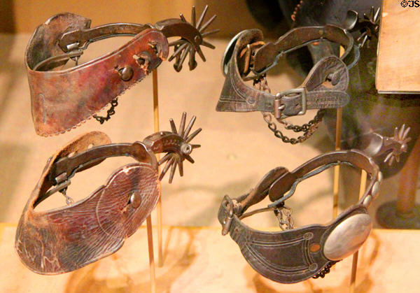California-style spurs (c1885-1900) made in New Britain, CT at Bullock Texas State History Museum. Austin, TX.