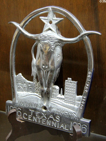 Texas Centennial commemorative metal longhorn in horseshoe (1936) at Gonzales Historical Memorial. Gonzales, TX.