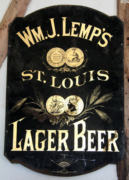Advertising sign for Wm. J. Lemp`s, St. Louis, Lager Beer inside Star Exchange at Conservation Plaza. New Braunfels, TX.