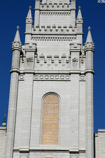 Dedication plaque on eastern facade of Mormon Temple. Salt Lake City, UT.