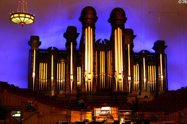Mormon Tabernacle organ against blue light during concert. Salt Lake City, UT.