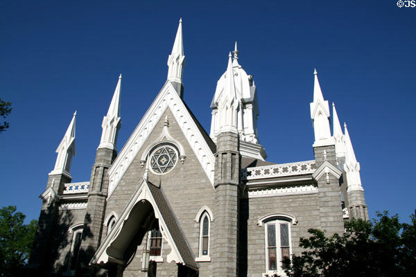 Mormon Assembly Hall (1877-80) on Temple Square. Salt Lake City, UT. Style: Gothic Revival. Architect: Obed Taylor.