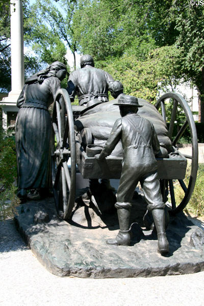 Handcart Pioneer Monument to over 3,000 Mormons who walked from Iowa to Salt Lake City pulling handcarts. Salt Lake City, UT.
