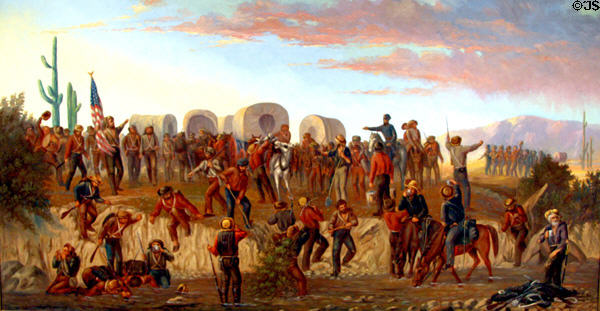 Mormon Battalion at Gila River in Arizona painting (1881) by George Martin Ottinger at Mormon Museum. Salt Lake City, UT.
