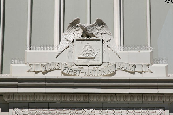 Zions First National Bank building shield with eagle over beehive. Salt Lake City, UT.