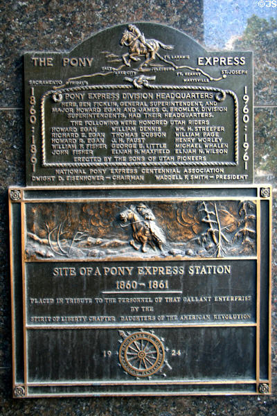 Pony Express monument on site of Pony Express Station (1860-61) now Salt Lake Tribune building site on S. Main Street. Salt Lake City, UT.