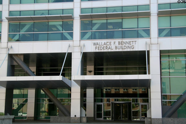Entrance of Wallace F. Bennett Federal Building. Salt Lake City, UT.
