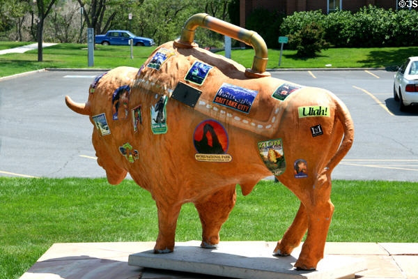 Buffalo painted as suitcase with stickers of Utah Travel Attractions outside Council Hall. Salt Lake City, UT.