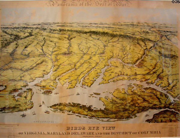 Lithograph (1861) Panorama of Seat of [Civil] War, Birds Eye View over VA, MD, DE, DC by John Bachmann at Norfolk History Museum. Norfolk, VA.