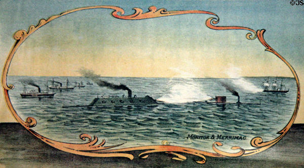Detail of Monitor & Merrimac battle on poster for International Naval Rendezvous, Hampton Roads, (April-May, 1893) at Moses Myers House museum. Norfolk, VA.