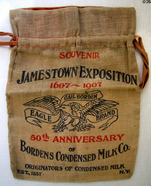 Souvenir bag for Bordens Condensed Milk from Jamestown Exposition (1907) at Moses Myers House museum. Norfolk, VA.