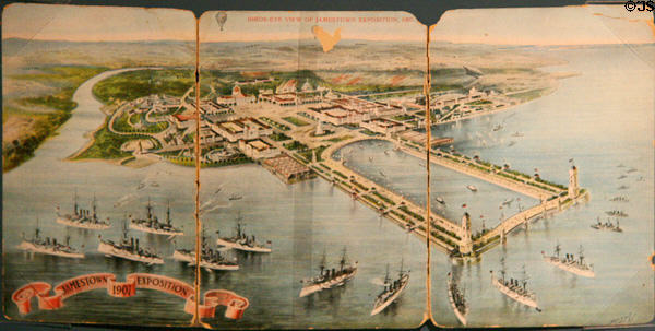 Graphic of birds-eye view of Jamestown Exposition of 1907 from Hampton Roads Naval Museum at Nauticus. Norfolk, VA.