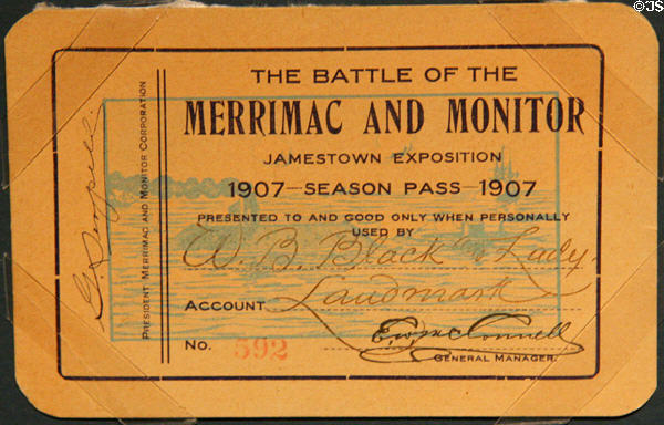 Jamestown Exposition of 1907 season pass for Merrimac & Monitor Battle show from Hampton Roads Naval Museum at Nauticus. Norfolk, VA.