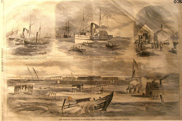 Graphic of Burnside Expedition at Hatteres Inlet (Feb. 1862) by Angelo Wiser in Harper's Weekly at Hampton Roads Naval Museum. Norfolk, VA.