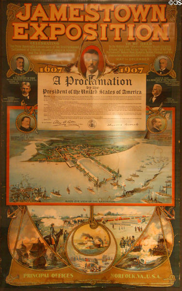 Poster for Jamestown Exposition (1907) with Teddy Roosevelt Proclamation at Hampton Roads Naval Museum. Norfolk, VA.