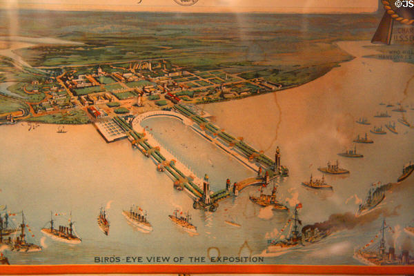Birds-Eye view of exposition detail on Jamestown Exposition (1907) poster at Hampton Roads Naval Museum. Norfolk, VA.