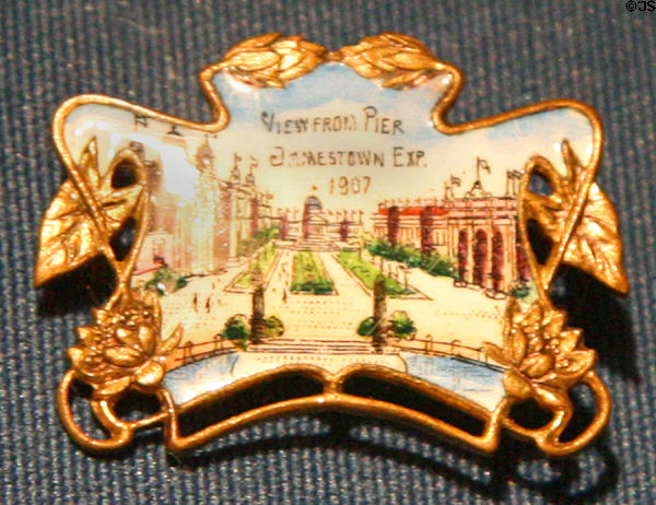 Jamestown Exposition (1907) souvenir pin with view from pier at Hampton Roads Naval Museum. Norfolk, VA.
