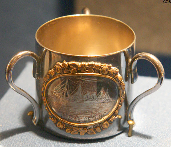 Jamestown Exposition (1907) souvenir cup with RMS Cedric at Hampton Roads Naval Museum. Norfolk, VA.