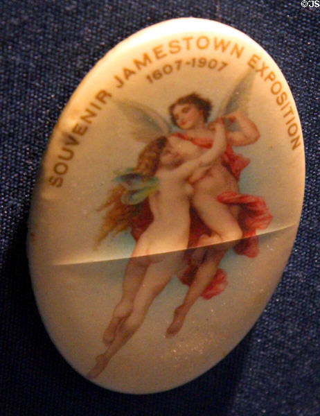 Jamestown Exposition (1907) souvenir pin with fairies at Hampton Roads Naval Museum. Norfolk, VA.
