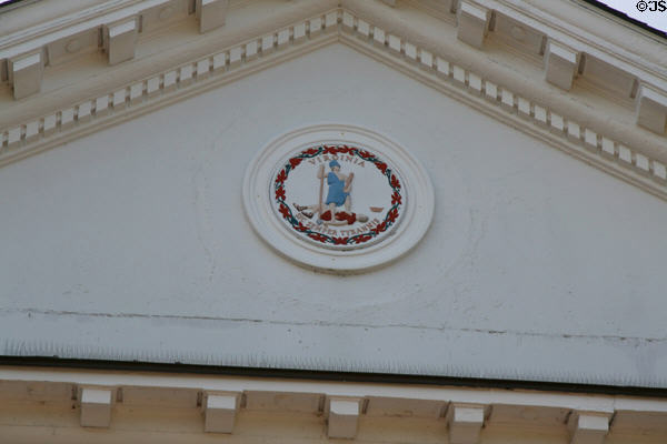 State seal on Virginia House for 1907 Jamestown Exposition now used by Naval Station Norfolk. Norfolk, VA.