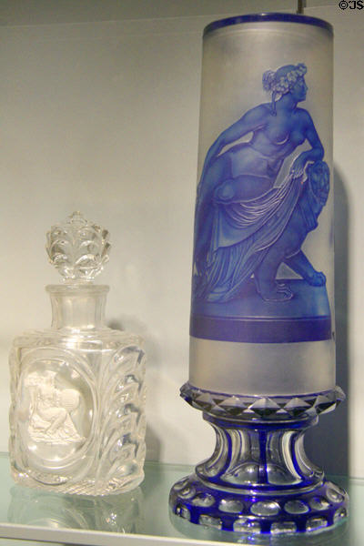 "Ariadne & Panther" engraved glass vase, (c1850) by Franz Paul Zach plus stoppered bottle at Chrysler Museum of Art. Norfolk, VA.