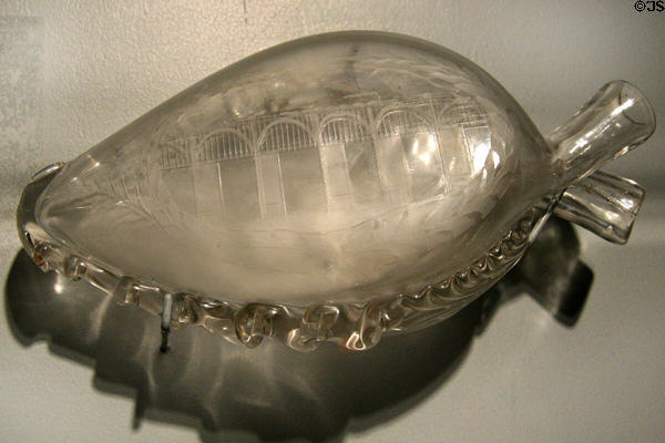 Engraved glass flask commemorating High Level Bridge in Newcastle, GB (c1849) at Chrysler Museum of Art. Norfolk, VA.