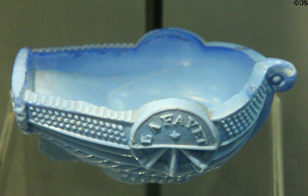 Pressed glass salt dish in shape of steamboat (c1827-35) by Boston & Sandwich Glass Co., MA, made to mark Lafayette's return visit to America at Chrysler Museum of Art. Norfolk, VA.
