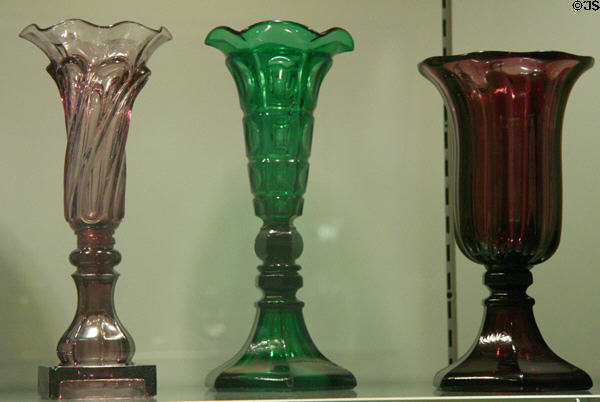 American pressed glass colored vases at Chrysler Museum of Art. Norfolk, VA.