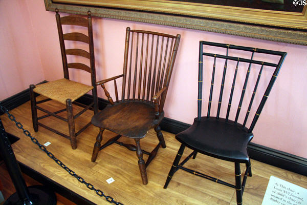 American chairs (late 18thC) owned by Elizabeth & James Monroe at Ash Lawn: ladder back, Windsor arm, rod-back Windsor side chairs. Charlotttesville, VA.