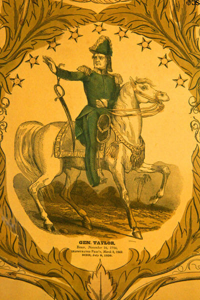 Detail of Gen. Zachary Taylor (Nov. 24, 1874 - July 9, 1850) on poster of Taylor & his Battles at James Madison Museum. Orange, VA.