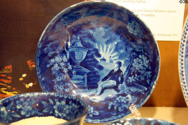 General Lafayette at Benjamin Franklin's Tomb transfer printed cup & saucer (c1830) from Staffordshire, England at James Madison Museum. Orange, VA.
