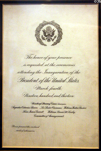 Invitation to Woodrow Wilson Inaugural Ball (1913) at his Presidential Library. Staunton, VA.