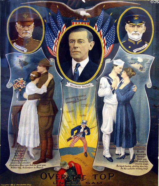 Over the Top Uncle Sam poster with Woodrow Wilson, General Pershing & Admiral Sims (1918) by Charles Gustrine at Woodrow Wilson Presidential Library. Staunton, VA.
