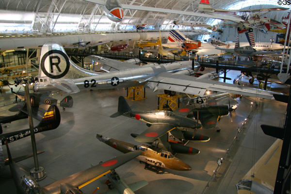 Aviation collection at National Air & Space Museum with Boeing B-29 Superfortress Enola Gay #82 at center. Chantilly, VA.