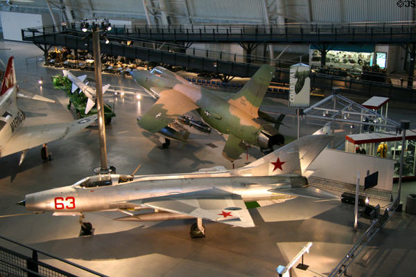 MiG-21F Fishbed C (1960) & Republic F-105D Thunderchief (1961) jet aircraft at National Air & Space Museum. Chantilly, VA.