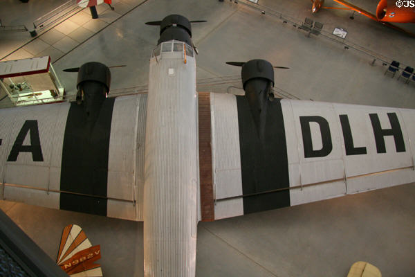 Overhead on view of Junkers Ju 52/3m (CASA 352L) (1945) trimotor passenger plane from Germany at National Air & Space Museum. Chantilly, VA.