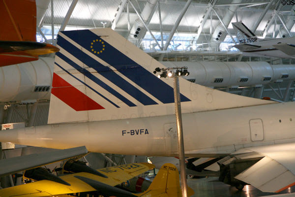 Tail of Concorde (1976) from France at National Air & Space Museum. Chantilly, VA.